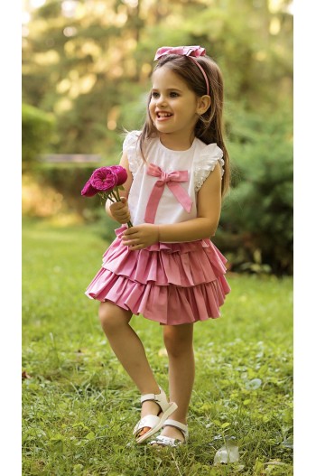 Set bluzita bumbac si fustita roz volane Lollipop